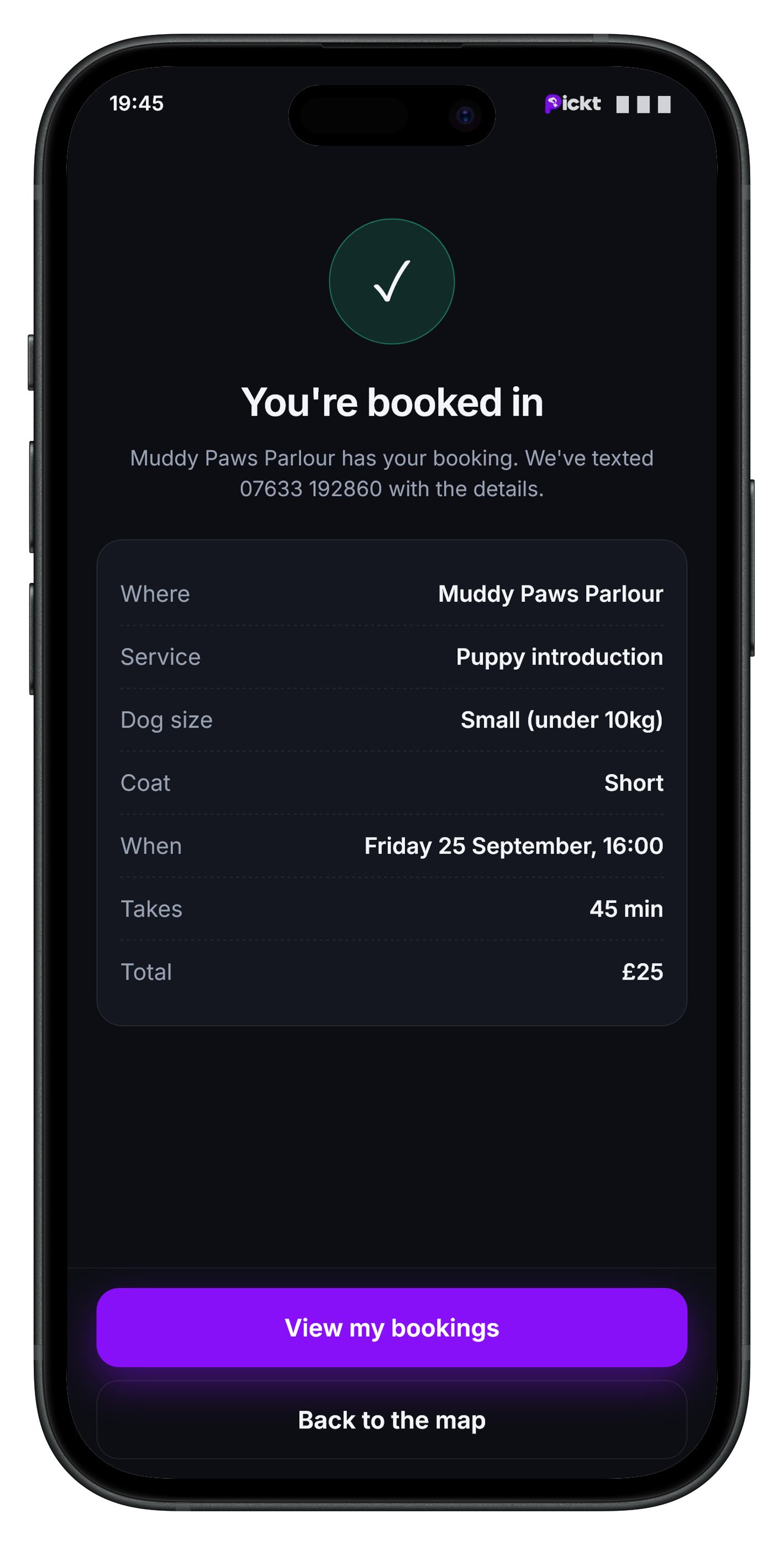 Pickt booking confirmation screen