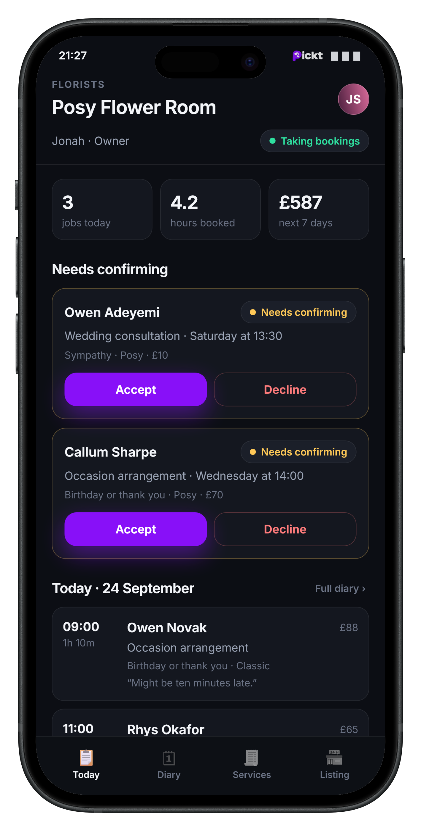 Pickt business dashboard screen